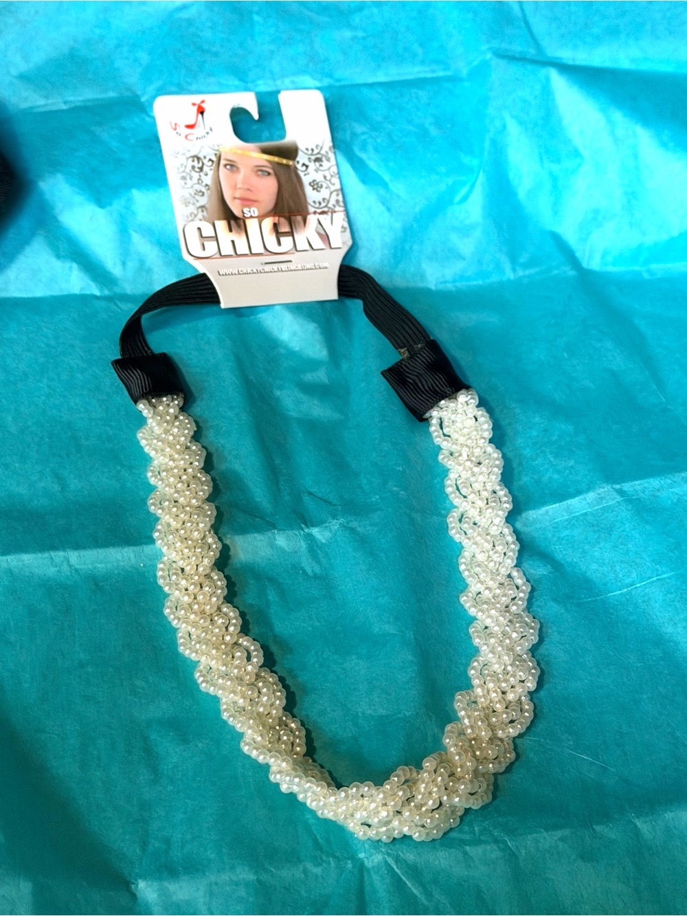 So Chicky Pearl Boutique Beaded Headband - Ivory Pearls with Black Elastic